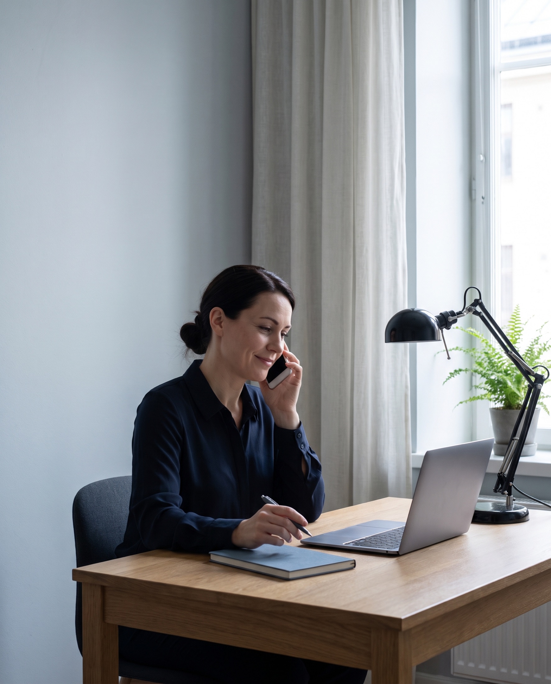 Illustratie: een vrouw aan een bureau belt met haar telefoon en maakt aantekeningen, met een laptop naast haar.